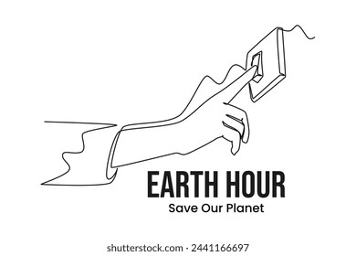 Simple continuous line draw icon woman finger turn off or on the light. Earth globe with on off light switch icon or power button. Abstract space background with stars.