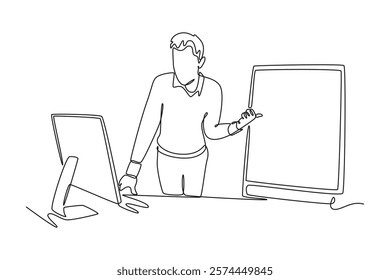 simple continuous line draw male teacher is teaching online with a computer. Teachers day minimalist concept. School activity.