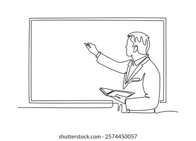 simple continuous line draw of male teacher is teaching. write on the blackboard. Teachers day minimalist concept. School activity.