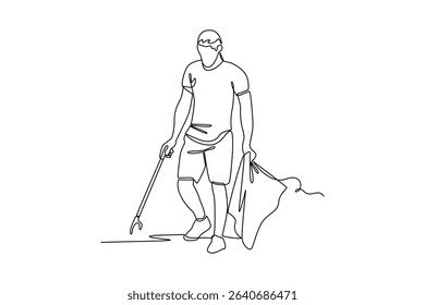 Simple continuous line draw of a man cleaning up trash around his home. Social activities minimalist concept. Simple line. Social care.