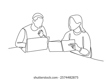 simple continuous line draw of men and women form business teams and discuss. Business team work minimalist concept.