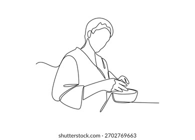 Simples desenho de linha contínua da atividade matinal, mulher fazendo comida. Tudo sobre o conceito minimalista da atividade matinal, linha simples, designer de criatividade. Vetor, Designer.