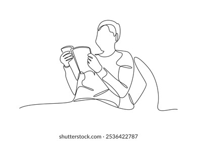 Dibujo de línea continuo simple de una persona que lee un libro mientras descansa. Línea simple. descansar y disfrutar de la vida concepto minimalista.