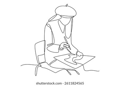 Simple continuous line draw of professional artist of international day art. World Art Day Celebration. Cartoon Poster. Art day celebration minimalist concept. Painting.