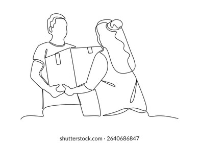 Simple continuous line draw of provide assistance to a woman. Social activities minimalist concept. Simple line. Social care.