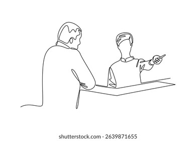 Simple continuous line draw of the receptionist gives directions to customers. Hand drawn style vector design illustrations. Call center minimalist concept.