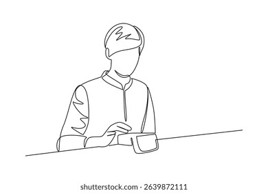 Simple continuous line draw of receptionist calculate the bill. Hand drawn style vector design illustrations. Call center minimalist concept.