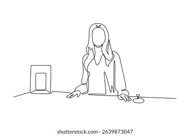 Simple continuous line draw of the receptionist waiting at her table. Hand drawn style vector design illustrations. Call center minimalist concept.