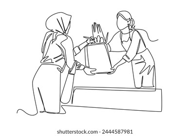 Simple continuous line draw women transactions in traditional markets. Business icon for market capital. Simple line. Market icon.