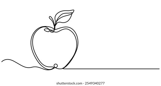A simple continuous line drawing of an apple on a uniform white background, Continuous one single line art drawing of apples icon organic food vector, continuous line drawing of apple fruit. one line