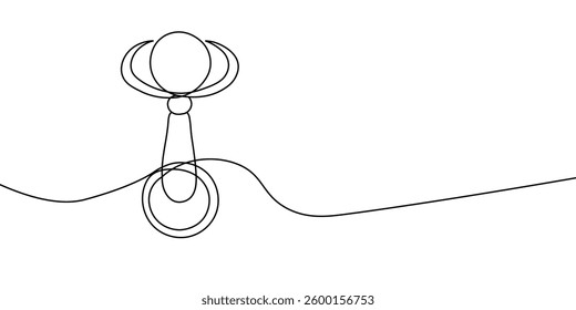 Simple continuous line drawing of a baby rattle, symbolizing infant toys, childcare, and early childhood development in a minimalist artistic style. Vector illustration