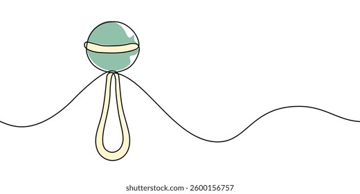 Simple continuous line drawing of a baby rattle in color, symbolizing infant toys, childcare, and early childhood development in a minimalist artistic style. Vector illustration
