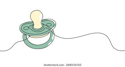 Simple continuous line drawing of a baby pacifier in color, symbolizing infant care, soothing, and parenting in a minimalist and artistic style. Vector illustration