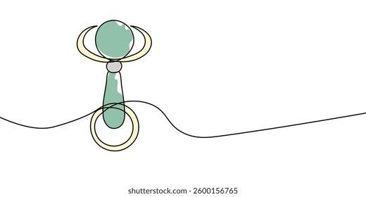 Simple continuous line drawing of a baby rattle in color, symbolizing infant toys, childcare, and early childhood development in a minimalist artistic style. Vector illustration
