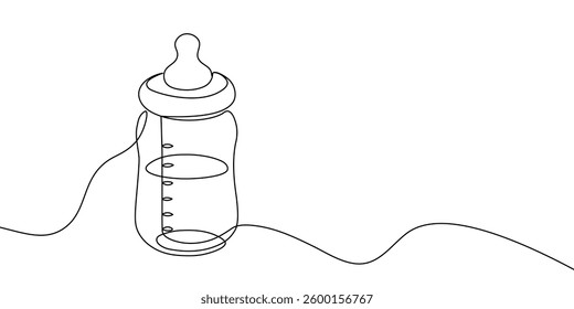Simple continuous line drawing of a baby bottle with a nipple, symbolizing infant care, feeding, and parenting in a minimalist style. Vector illustration
