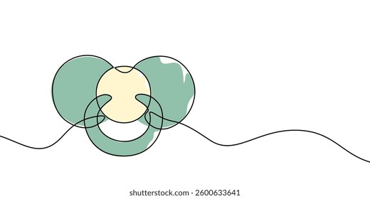 Simple continuous line drawing of a baby pacifier in color, symbolizing infant care, soothing, and parenting in a minimalist and artistic style. Baby pacifier one line. Vector illustration