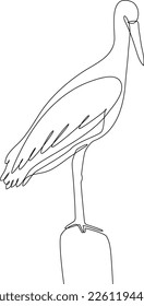 A simple continuous line drawing of a beautiful bird crane on wood. Minimalist Animals concept, simple line, vector illustration, black and white design.