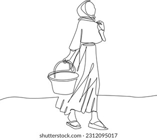 Simple continuous line drawing of a beautiful woman go to public for a picnin.