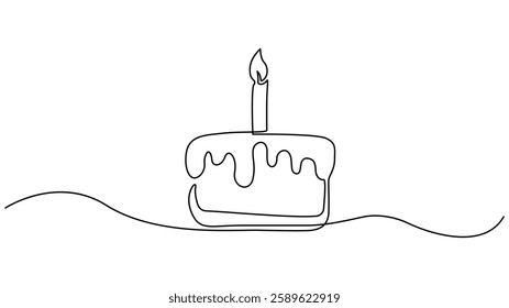 Simple continuous line drawing of a birthday cake with a lit candle.