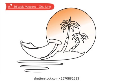 Simple continuous line drawing of a boat on the beach of the island under coconut trees with a full moon or sun background. Vector illustration of a single line drawing of a boat as a beach scene icon