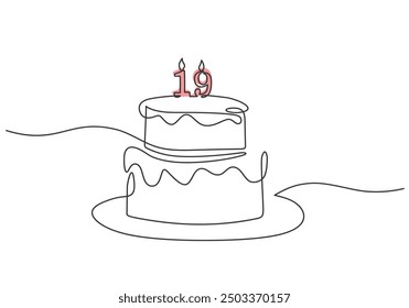 Simple continuous line drawing of a cake. Minimalist dessert illustration for celebrations and holidays.