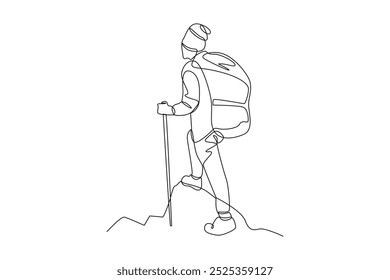Simple continuous line drawing of a climber hiking at ice mountain. Simple continuous line, simple line.
