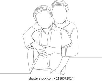 Simple continuous line drawing of couple relationship is hugging each other. Vector illustration. Family Gathering.