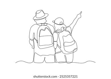 Simples desenho de linha contínua de casal vai viajar juntos. Viajando conceito minimalista. Linha contínua simples, linha simples.