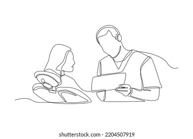 simple continuous line, drawing a dentist explain to patient about a customer's dental problem. simple continuous line. simple line.