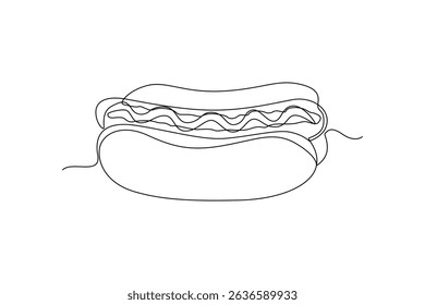 Simple continuous line drawing depicting hot dog with mustard and ketchup in a bun, ideal for minimalist menu design