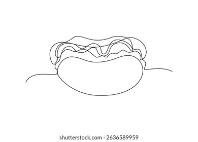 Simple continuous line drawing depicting a hot dog in a bun with mustard and ketchup, ideal for menus or food-related designs