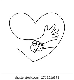 Desenho simples e contínuo, representando dois braços que se abraçam, fechados no contorno de um coração. O estilo é minimalista e abstrato, com foco no gesto de afeto
