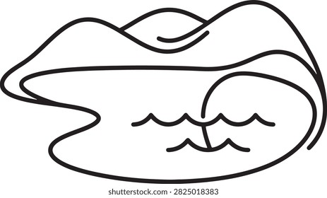 A simple continuous line drawing depicting a serene mountain range overlooking a calm body of water with gentle ripples, presented as a clean vector graphic on white background.