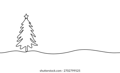 Um simples desenho de linha contínua representa uma árvore de Natal festiva adornada com uma estrela, isolada contra um fundo branco e limpo com uma linha ondulada de primeiro plano.