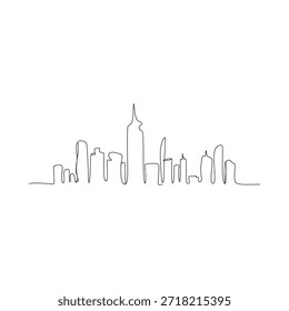 Un simple dibujo de línea continua representa un horizonte de una ciudad con edificios altos
