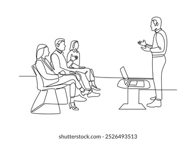 simple continuous line drawing of an employee is presenting a new project obtained by his company. Conference minimalist concept. Business minimalist concept. Simple line, vector.