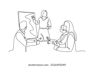 simple continuous line drawing of An employee is making a presentation in front of his colleagues with the help of a whiteboard. Conference minimalist concept. Business minimalist concept. Simple line