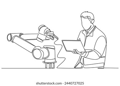 Simple continuous line drawing of An engineer is programming a robotic hand. Modern technology minimalist concept. Icon of technology. Simple line.