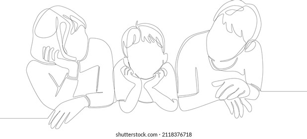 Sencillo dibujo continuo de una familia que se mira y sostiene juntas las hojas. Ilustración vectorial. Reunión familiar. Familia feliz.