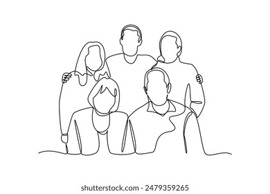 Simple continuous line drawing of Family photos in complete condition. Happy people eating, hangouts with food and drinks. Flat graphic vector illustrations isolated on white background