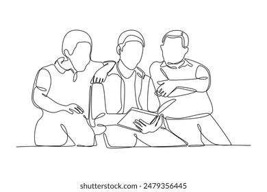 Simple continuous line drawing of father and two children gather while reading a book. Happy people eating, hangouts with food and drinks. Flat graphic vector illustrations isolated on white backgroun