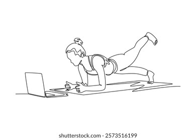 Simple Continuous line drawing of Fit woman doing yoga plank at home. Home living minimalist concept. Simple line vector.