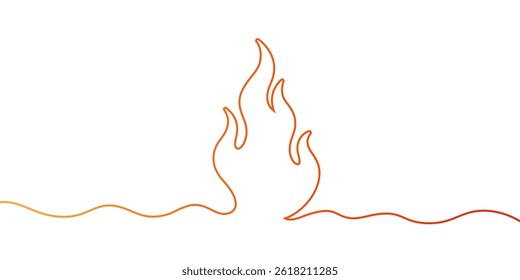 Simple continuous line drawing of a flame in gradient orange and red, symbolizing fire or heat on a white background. Vector illustration