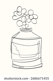 Simple continuous line drawing of flowers in a vase, minimalistic black outline design ideal for posters, prints, and modern decor.