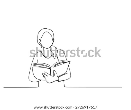 Simple continuous line drawing of a focused person quietly reading an open book, ideal for learning and knowledge acquisition design