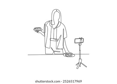 Un simple dibujo de línea continua de un vlogger de comida está filmando frente a la cámara. Concepto minimalista de vlogger de comida. Comida, gente, línea simple.