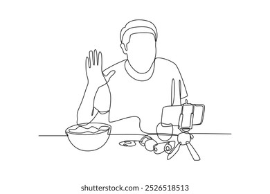 simple continuous line drawing of a food vlogger greets his fans on camera. Food vlogger minimalist concept. Food, people, simple line.