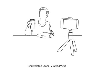 Un simple dibujo de línea continua de un vlogger de comida está filmando frente a la cámara. Concepto minimalista de vlogger de comida. Comida, gente, línea simple.