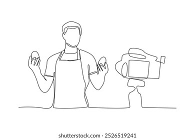 Un simple dibujo de línea continua de un vlogger de comida está filmando frente a la cámara. Concepto minimalista de vlogger de comida. Comida, gente, línea simple.