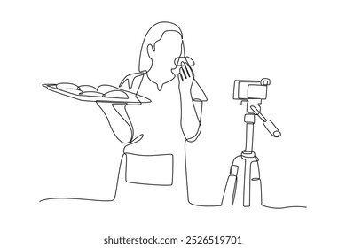 Un simple dibujo de línea continua de un vlogger de comida está filmando frente a la cámara. Concepto minimalista de vlogger de comida. Comida, gente, línea simple.